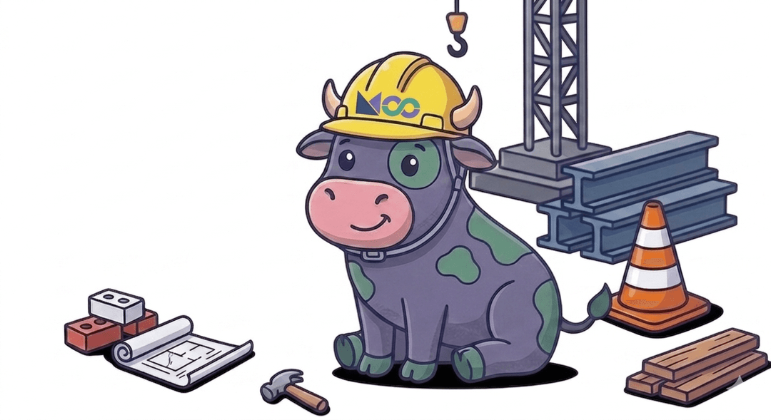 A friendly cow wearing a yellow MOO hard hat at a construction site